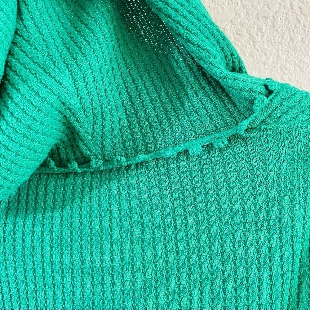 Anthropologie Knitted & Knotted Kelly Green Waffle Knit Hooded Tie Front Sweater
